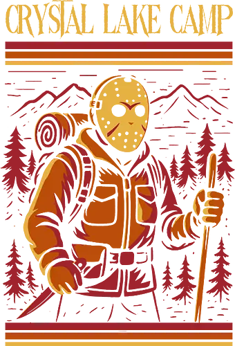 Retro Slasher Camping - slasher style, horror art, retro horror, vintage camping, spooky woods, 80s aesthetic, creepy design, horror movie vibe, masked figure, spooky camping, cult horror, pop culture horror, Halloween art, funny horror, dark humor, survival horror, creepy forest, mysterious hiker, horror collectible, retro slasher, Redbubble horror, Threadless design, indie horror art, spooky outdoors
