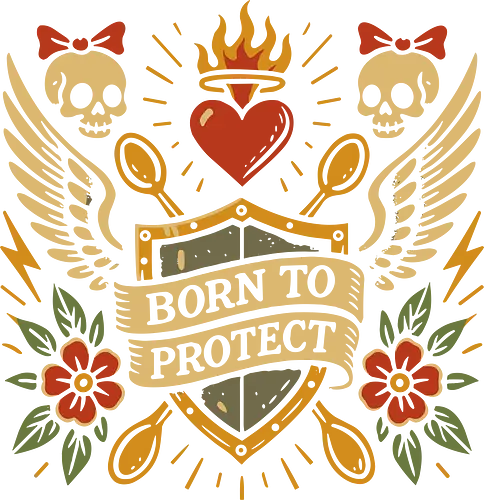 Born to Protect - shield, protection, wings, heart, skulls, bows, flowers, flames, bold, design
