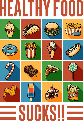 Healthy Food Sucks! - burger, fast food, eat trash, no diet, vintage, flat design, typography, lettering, junk food, foodies, self love, be yourself, cheese burger, hamburger, health, workout, retro, graphic design
