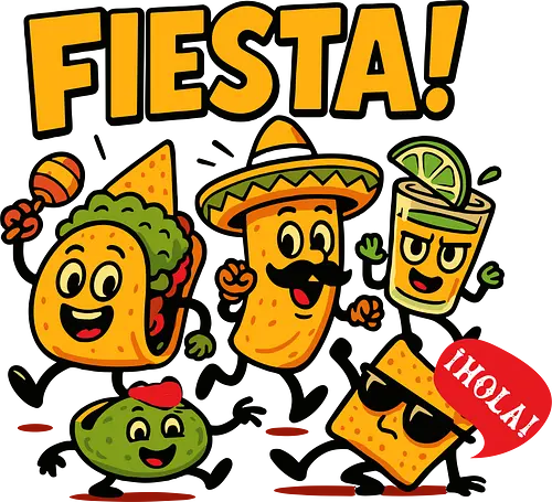Fiesta - fiesta, mexican food, taco, guacamole, burrito, sombrero, cheerful, dancing, cartoon, celebration