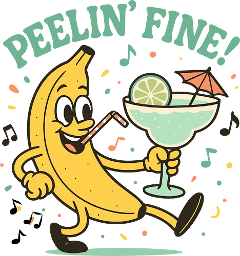 Peelin’ Fine - banana, cartoon, drink, tropical, lime, umbrella, music, fun, text, playful