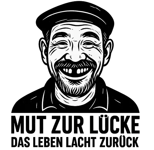 Mut zur Lücke – das Leben lacht zurück - MutZurLücke, Selbstironie, Linolschnitt, Zahnlücke, Porträtkunst, SchwarzWeiß, Lebensfreude, Lächeln, Humor, UnvollkommenPerfekt, Charakterkopf, Illustration, TShirtDesign, StatementKunst, DasLebenLachtZurück