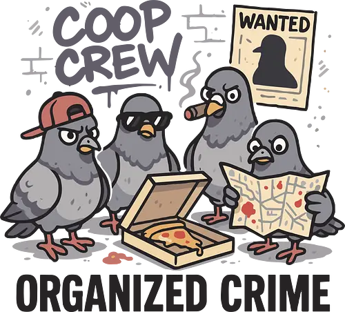 group of pigeons - pigeons, heist, cartoon, graffiti, map, pizza, humor, crime, cap, poster