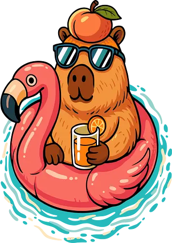 Capy Sommerstimmung - capy, capybara, lustiges capybara, tier, sommer, schwimmbad, poolparty, cooler sommer, lm2one, illustration, ästhetisch, cool, pop-art, flamingo, rosa flamingo