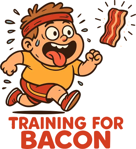 training for bacon - cartoon, running, headband, sneakers, bacon, humor, training, character, energetic, illustration