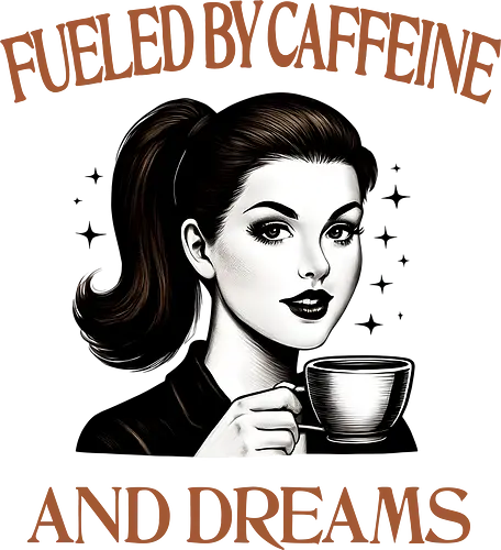 Fueled By Caffeine And Dreams  - fueled by caffeine, and dreams, caffeine, coffee, retro, woman power, girl power, strong woman, independent, feminism, funny, humor, sarcasm