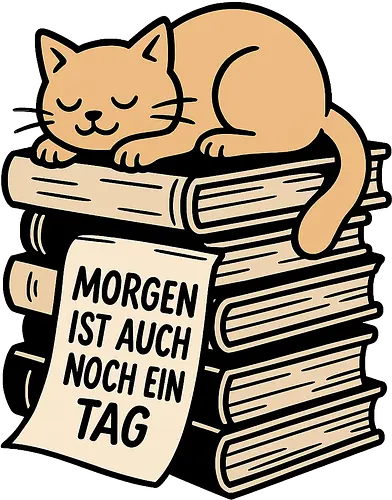 Morgen ist auch noch ein Tag - Katze, Bücher, Entspannung, Gelassenheit, Morgen, Pause, Schlaf, süß, Selfcare, Slow Living, Humor, Zitat, Prokrastination, Faulheit, cozy, niedlich, Tiere, Illustration, Statement, ruhig, Stapel, Lesen, Ruhe, Motivation, faules Wochenende