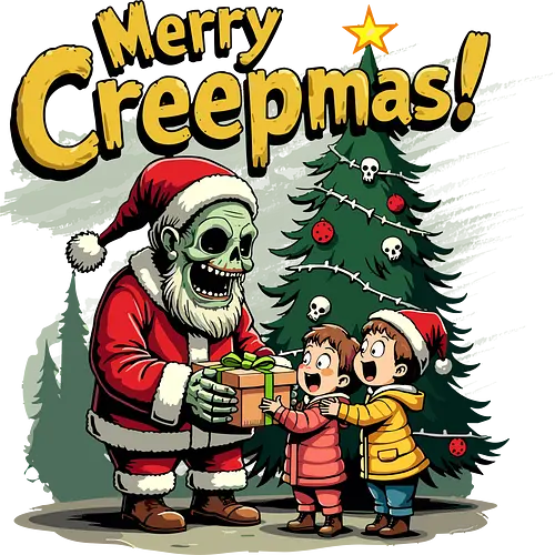 Merry Creepmas! - skeleton, santa claus, christmas tree, gift, children, surprise, holiday, humorous, spooky, text