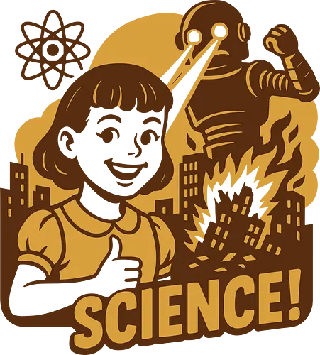 science  love - retro, robot, lasers, explosion, child, thumbs-up, cityscape, science fiction, atomic symbol, destruction