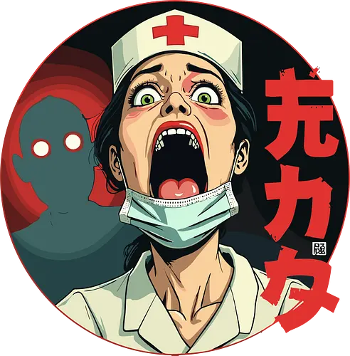 scared nurse - screaming, shadow, red eyes, nurse, japanese text, dark background, fear, expression, manga style, uniform