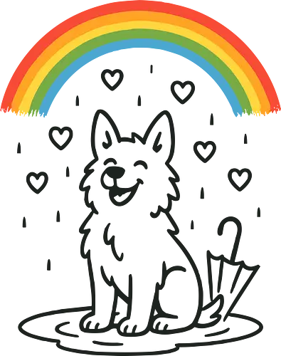 Happy Dog Under Rainbow Rain - happy dog, rainbow, rain, hearts, cute dog, dog lover, pet illustration, whimsical Happy Dog Under Rainbow Rain - happy dog, rainbow, rain, hearts, cute dog, dog lover, pet illustration, whimsical
