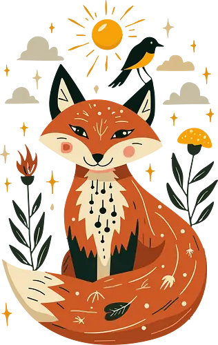 Whimsical Fox Under the Sun - whimsical fox, nature art, woodland animals, mystical, folklore, cute fox, fantasy art, sun and stars