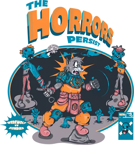 Der Schrecken hält an - Lykaner-Kraft, Retro-Stil, Werwolf, Zombie-Apokalypse, verfluchte Nacht, dunkle Kunst, Vollmondwut, lustiger schwarzer Humor, Horrorkunst