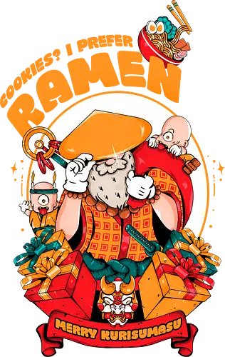 Kekse? Ich steh' mehr auf Ramen - Instantnudeln, japanische Weihnachten, Kawaii-Dämon, Oni-Elfenhelfer, Ramen-Weihnachtsmann, Samurai-Weihnachtsmann, Weihnachtsmann, Weihnachtsmann mit Katana, Weihnachten