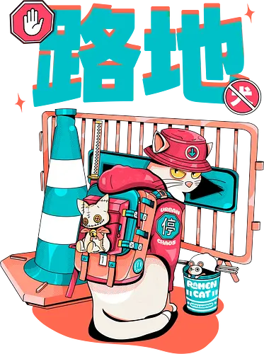 Cyberpunk-Straßenkatze beim Ramen-Essen - Alley Neko, Blade Punk, Cyberpunk-Straßenkatze, Spaß, Katzenkatana, Kawaii-Chaos, weiße Kätzchenkatze, Ramen Core, Straßenkatze, Stadtkatze