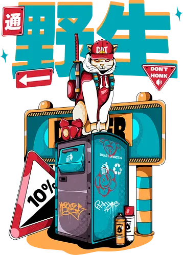 Stadtkatze - Straßenkatze, Bladecore, Cybercuteness, dystopische Neko, Graffiti-Katze, Kawaii-Kämpfer, Neo-Tokio-Neko, Samurai-Katze, Straßenkatzen, Stadtkatze