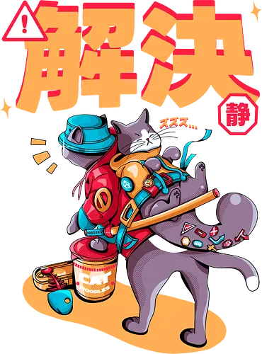 Streunerkatzen - Straßenkatze, Straßenkatzen, Cyberpunk-Katze, Kanji, Kawaii-Dystopie, Neo-Tokio-Katze, Ramen, sanftes Chaos, streunende Katzen, Stadtkatze