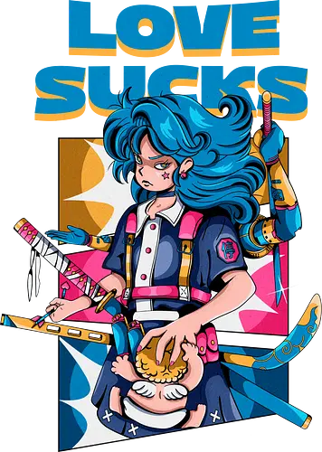 Love Sucks – Cyberpunk Anti-Valentine - Anti-Valentinstag, verknallt, süß und tödlich, Cybergirl, Cyberpunk-Valentinstag, Kawaii-Liebe, Robotermädchen, Valentinstags-Terror