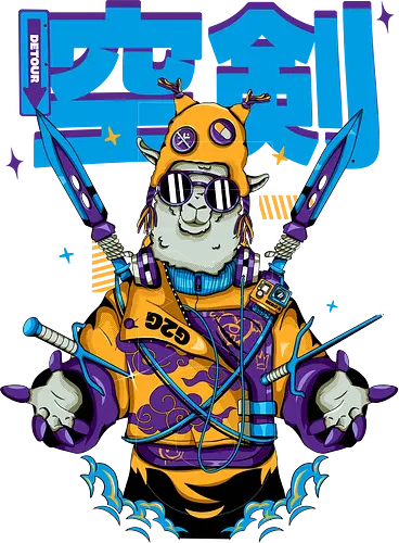 Attentäter-Lama – Cyberpunk-Samurai-Tier - Tierkrieger, Bladecore, Cyber-Tier, Cyberpunk-Samurai, pelzige Klinge, Kawaii-Assassine, Lama mit Haltung, Neotokyo, urbane Streetwear
