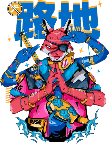 Tokyo-Straßenfuchs – Cyberpunk-Samurai - ästhetische Katze, Yokai-Maske, Anime-Samurai-Katze, Katze, Cyber ​​Neko, Cyberpunk-Katze, dunkles Kawaii, Kawaii-Krieger, Neon City Blues, urbaner Samurai