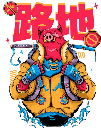 Wütendes rotes Schwein mit Katana - Tierrebellion, Anime-Tier, Anthro-Samurai, Cyberpunk-Schwein, kantiges Kawaii, Glitchcore-Tier, Katana-Schwein, rotes Schwein, Samurai-Schwein, Urban Core