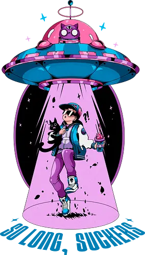 Auf Wiedersehen - Entführung, Alien-Katze, schwarzer Humor, lustiges UFO, intergalaktisches Haustier, Miau aus dem All, Meowcore, Retroscifi, Mach's gut, UFO-Katze Auf Wiedersehen - Entführung, Alien-Katze, schwarzer Humor, lustiges UFO, intergalaktisches Haustier, Miau aus dem All, Meowcore, Retroscifi, Mach's gut, UFO-Katze