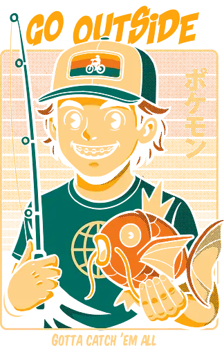 Go Outside - retro fishing, outdoorsy design, vintage comic style, catch of the day, funny fish art, go outside, camping vibes, fishing art, outdoor life, braces smile, adventure art, quirky fish, retro cartoon, 80s style, 90s nostalgia, bold colors, comic book aesthetic, fishing t-shirt, alternative design, weird fish, pod artwork, threadless art, redbubble design, teepublic illustration, nature lovers, eco vibes, cartoon fisherman, unique character art, explore nature