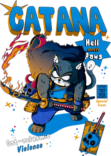 Catana - Katze, Katze mit Schwert, Catana, Dämonentöter, Katzenkrieger, Hölle, Hellcat-Stil, höllischer Kampf, Katana-Katze, Kawaii-Rache, Samurai, Samurai-Katze