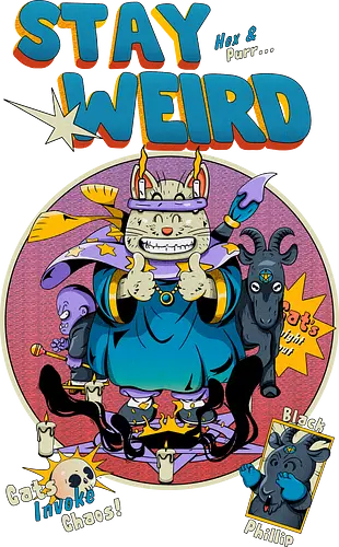 Bleib weird - seltsame Katze, Hexenkatze, unheimliches Kawaii, okkulter Humor, Ritualkatze, Shinto-Punk, bleib seltsam, Beschwörungskreis, dunkel süß