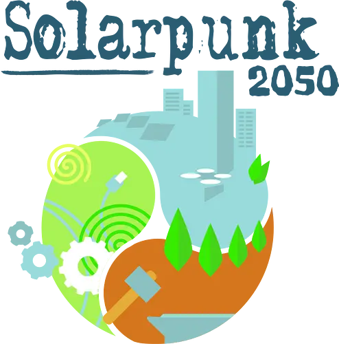 Solarpunk 2050 Logo quadratisch, für hellen Hintergrund - Solarpunk, TTRPG, Rollenspiel, Utopie