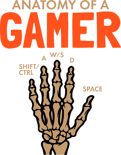 Anatomy of a Gamer - gamer, humor, skeleton, hand, keys, pc gaming, design, typography, culture, illustration