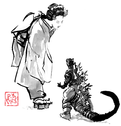 geisha and little monster - geisha, monster, sumie, japan