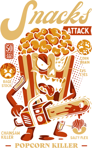 Snacks Attack - Popcorn Killer - 80s movies, aesthetic, comic, cool, food, funny, funny snacks gift, funny tee, horror, horror movies, illustration, kaiju, monster, movies, popcorn, slasher, snacks, x-ray, lm2kone