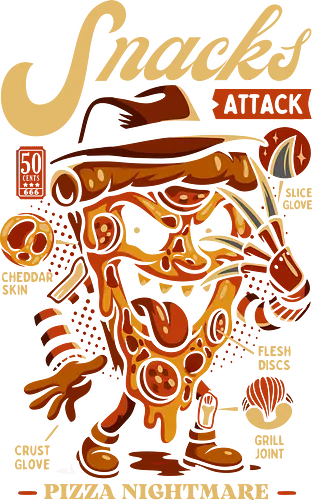 Snacks Attack - Pizza Nightmare - Pizzaliebhaber, Pizzastück, Slasher, Snacks, 80er-Jahre-Filme, Ästhetik, Comic, Cool, Essen, Lustig, Lustiges Snack-Geschenk, Lustiges T-Shirt, Horror, Horrorfilme, Illustration, Monster, Filme, Albtraum, Pizza, Röntgen, lm2kone, Freddy