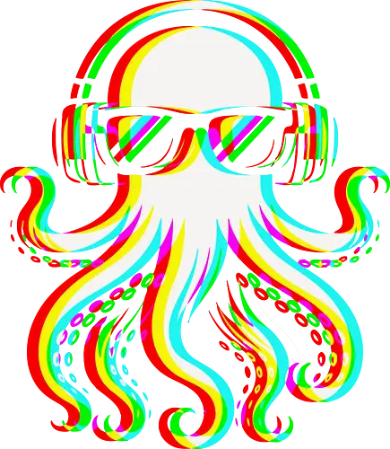 Disco Octopus Musik RGB - Ästhetik, Cool, Cooler Sommer, Disco, Lustig, Lustiges T-Shirt, Illustration, Musik, Oktopus, RGB, RGB-Glitch, RGB-Split, Sommer, Sommerstimmung, lm2kone