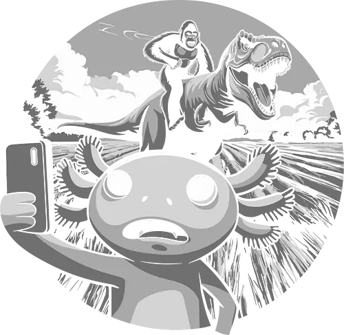 Selfie  - cartoon, selfie, dinosaur, humor, fantasy, black and white, character, t-rex, adventure, whimsical