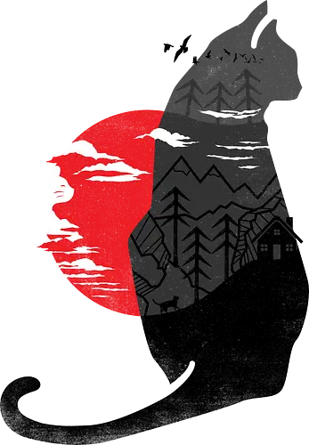 Wild is the Cat - Cat, Japan, Japanese, sumo e, black cat, nature, geometric, kitty, forests, woods