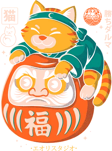 Neko Daruma - kawaii, retro vibe, eastern aesthetic, cat, daruma, luck, japanese style, cute art, funny shirt, pop culture, feline charm