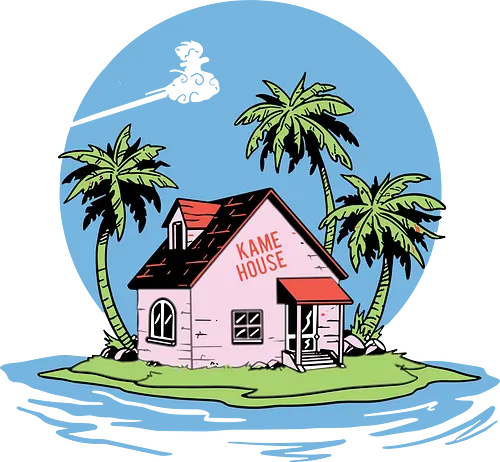 Kame House anime - island, house, palm trees, ocean, silhouette, flying, cloud, tropical, serene, blue