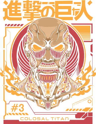 Colosal titan - anime, titan, japanese text, geometric, fiery, vibrant, bold, menacing, stylized, graphic design