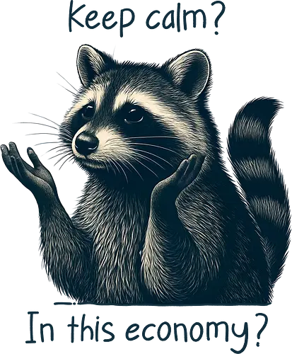 Keep Calm? In This Economy? - raccoon, funny animal, sarcastic, keep calm, meme, economy joke, trash panda, humor, relatable, cute and funny, anxiety, recession, broke life, in this economy