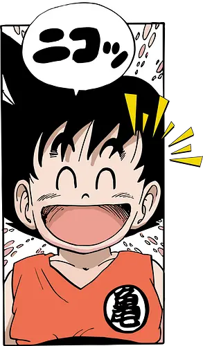 happy goku - manga, anime, character, cheerful, speech bubble, japanese text, smile, orange outfit, spiky hair, joyful