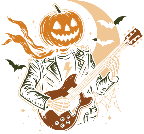 Rock or Treat - spooky season, rock and roll, trick or rock, horror humor, costume, Halloween, rock, guitar, pumpkin, skeleton, skull, bats, night, leather jacket, spooky art, funny, scary, pumpkin head, headless rocker, vintage style, electric guitar, music, rock band, Halloween art, creepy cute