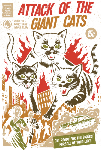 Attack of the Giant Cats - cats and fire, giant cats, vintage horror comic, retro comic art, black cats, comic book style, cat invasion, monster cats, comic parody, funny cats, feline chaos, retro horror, 1950s style, giant monsters, cat lovers, apocalyptic cats, cats destruction, city attack, pop culture art, nostalgic illustration