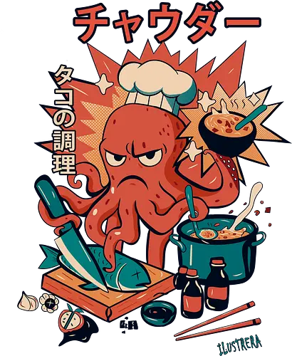 Angry Octo Chef: Ramen Rampage - angry ramen octopus, japanese food chaos, comic sushi master, funny chef fury, angry cook scene, tentacle kitchen fight, kawaii food attack, ramen pot monster street food comic, spicy dish splash, japanese lunch drama, ushi blade fury, ooking beast mode, comic tentacle twist