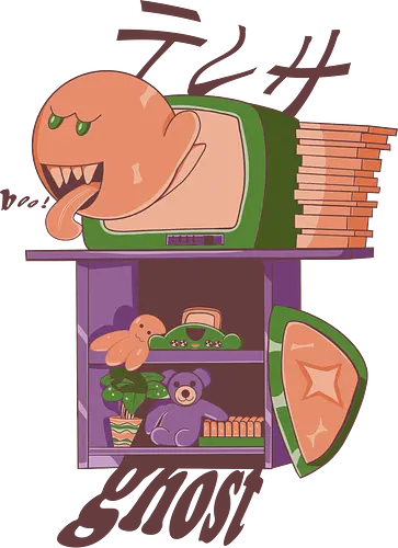 Ghost in the Console - retro ghost vibe, haunted console art, spooky cute style, pastel horror mix, ghost game retro, vintage tv monster, nostalgic ghost scene, childhood horror toy, cute creepy fusion, cartoon ghost pop, pixel past chill, console spirit burst, ghostly tv dream