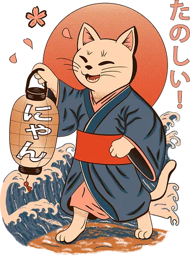 ukiyo-e style cat – japanese - festival kimono cat, lantern neko vibe, wavy samurai cat, blossom temple feline, vintage matsuri mood, red sun neko, joyful kimono cat, happy feline festival, kawaii wave cat, japanese lantern joy, zen festival friend