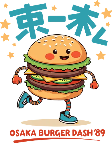 OSAKA BURGER DASH - burger, cartoon, cute, playful, running, japanese, stars, sneakers, osaka, character
