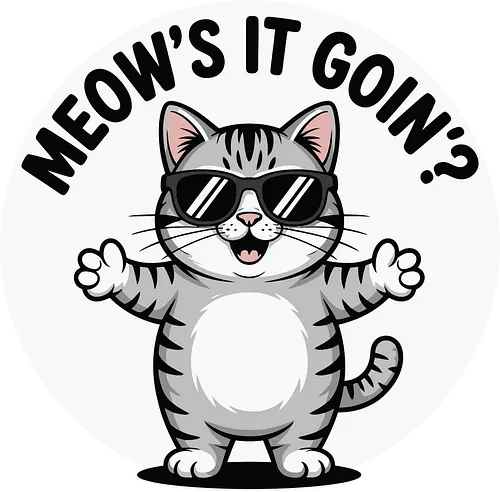 MEOW'S IT GOIN - cat, sunglasses, humor, playful, cool, cartoon, casual, confident, text