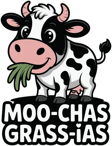 Moo-Chas Grass-ias - cow, cartoon, grass, pun, humor, playful, farm, animal, adorable